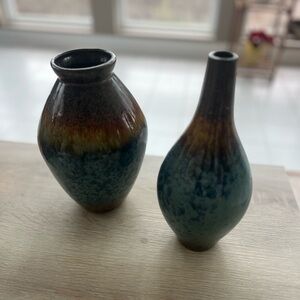 Pair of Fat Lava style clay pottery vases Drip Glaze Glossy Blue/Brown/ Golden